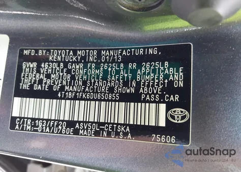 2013 Toyota Camry Se from USA, damaged, VIN 4T1BF1FK6DU650855